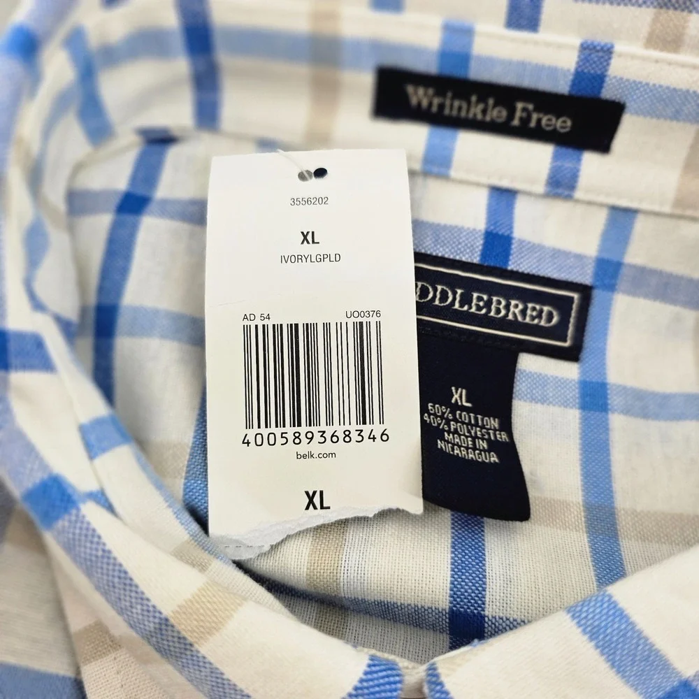 NWT Men's Saddlebred Ivory Beige Blue Plaid Button Down Shirt Size XL